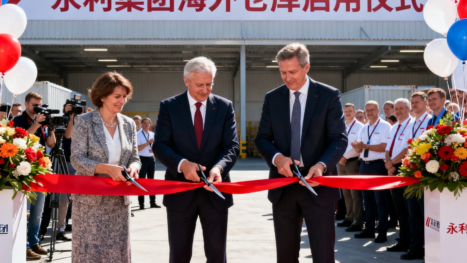 永利集团在波兰罗兹的新建海外仓库启用仪式现场，当地政府代表与永利欧洲区负责人共同剪彩