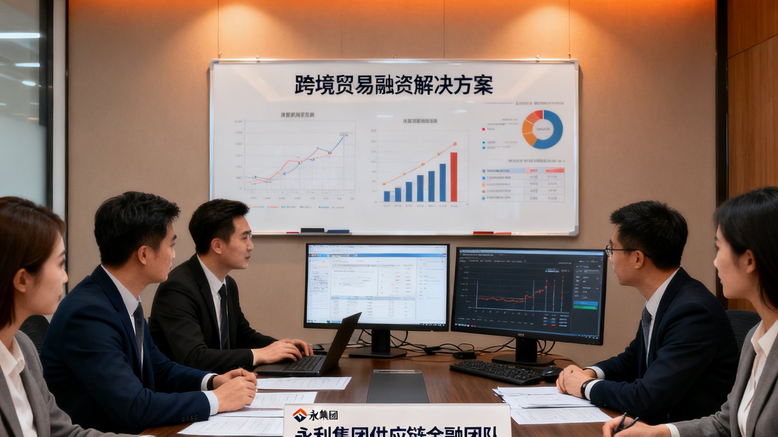 永利集团供应链金融团队在分析跨境贸易企业的应收账款数据，为客户设计定制化融资方案的办公场景
